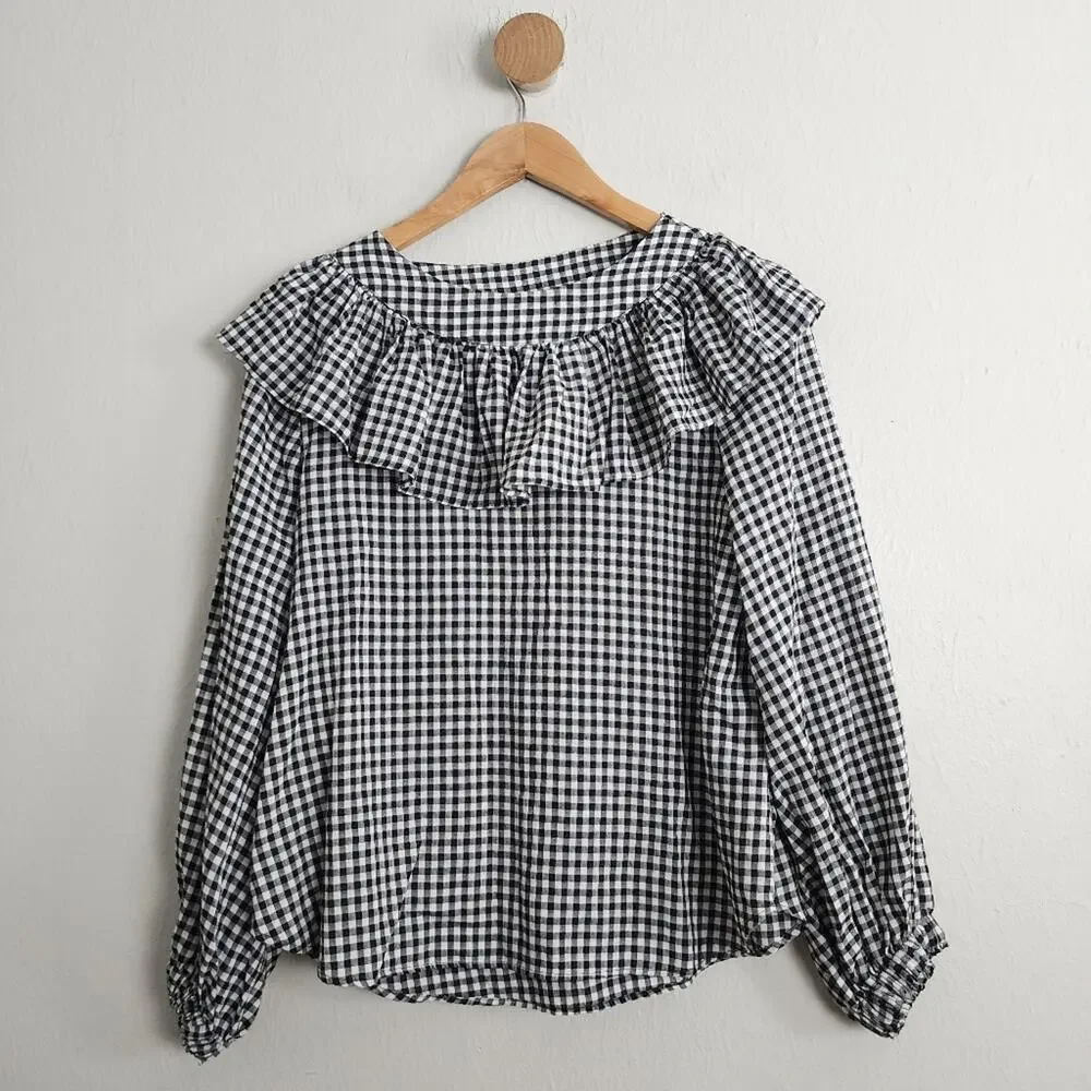 Zara Black White Gingham Check Ruffle Yoke Blouse Frill Long Sleeve Top Small